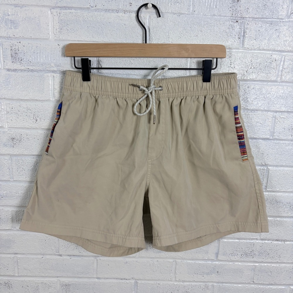 Wowie Nomad Shorts Mens L 5" Inseam Tan Woven Trim Hybrid Swim Hike Gym
